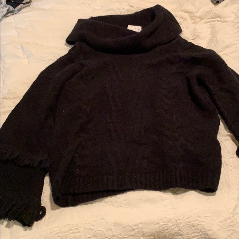Black cowl neck sweater with fringe sleeves NWT